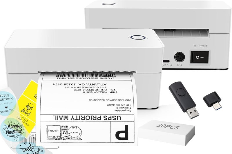 EueoLil طابعة ملصقات حرارية 4x6، طابعة ملصقات شحن محمولة بلوتوث شاملة للأعمال الصغيرة متوافقة مع أندرويد/آيفون/ماك/ويندوز لأمازون، إيباي، شوبفاي، إتسي، USPS و UPS، بيضاء - Image 1